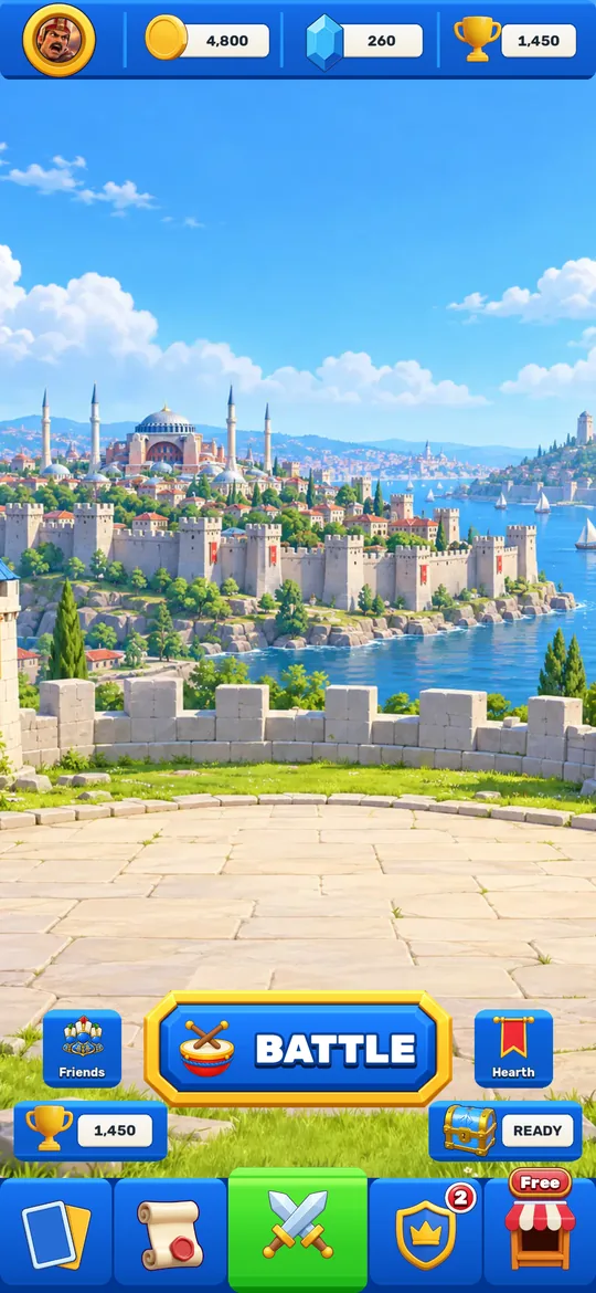 The game's main menu: an Istanbul skyline, the BATTLE button in the middle and the menu bar below