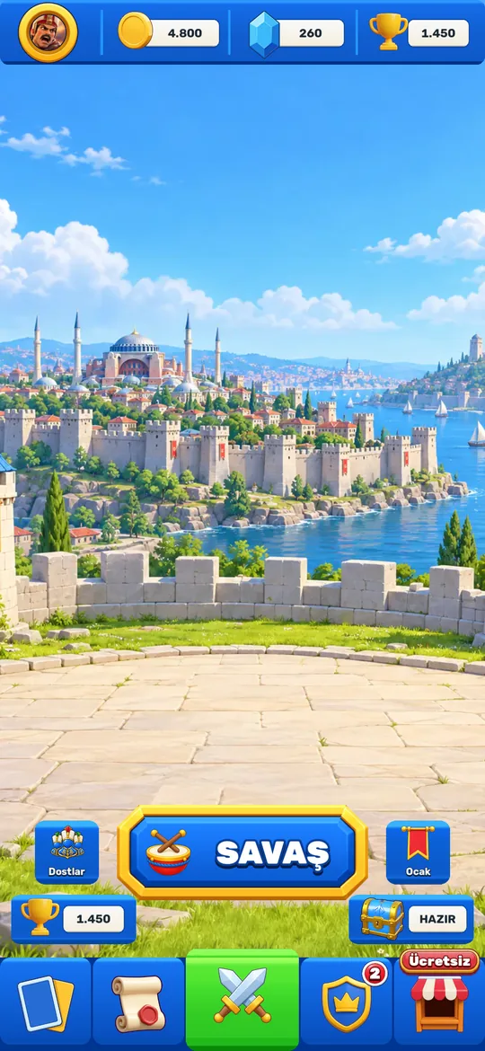 Oyunun ana menüsü: İstanbul manzarası, ortada SAVAŞ düğmesi, altta menü çubuğu